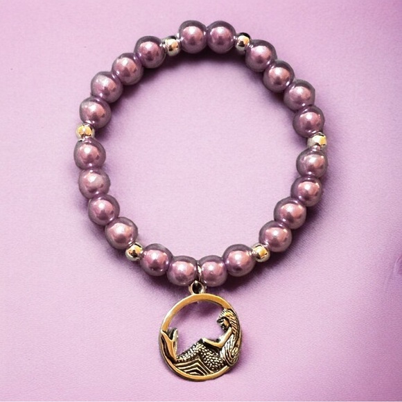Custom Purple Beaded Stretchy Bracelet with Mermaid Charm - Picture 1 of 3